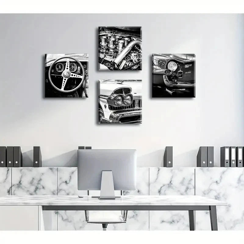 4pcs Black And White Wall Art Vintage CarWall Art Canvas Framed