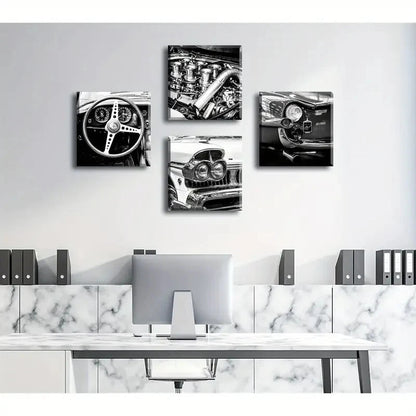 4pcs Black And White Wall Art Vintage CarWall Art Canvas Framed