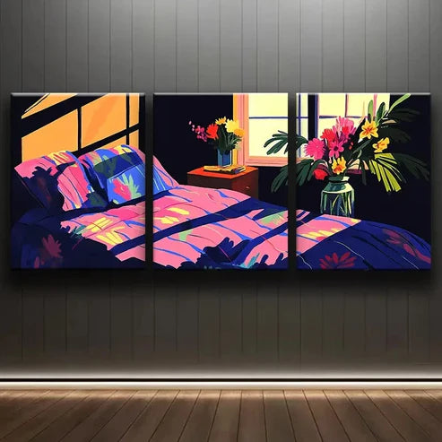 3pcs Illustration of Bedroom with Window Wall Art Set Canvas Unframed - High Quality Print 100% Australian Made Wall Canvas