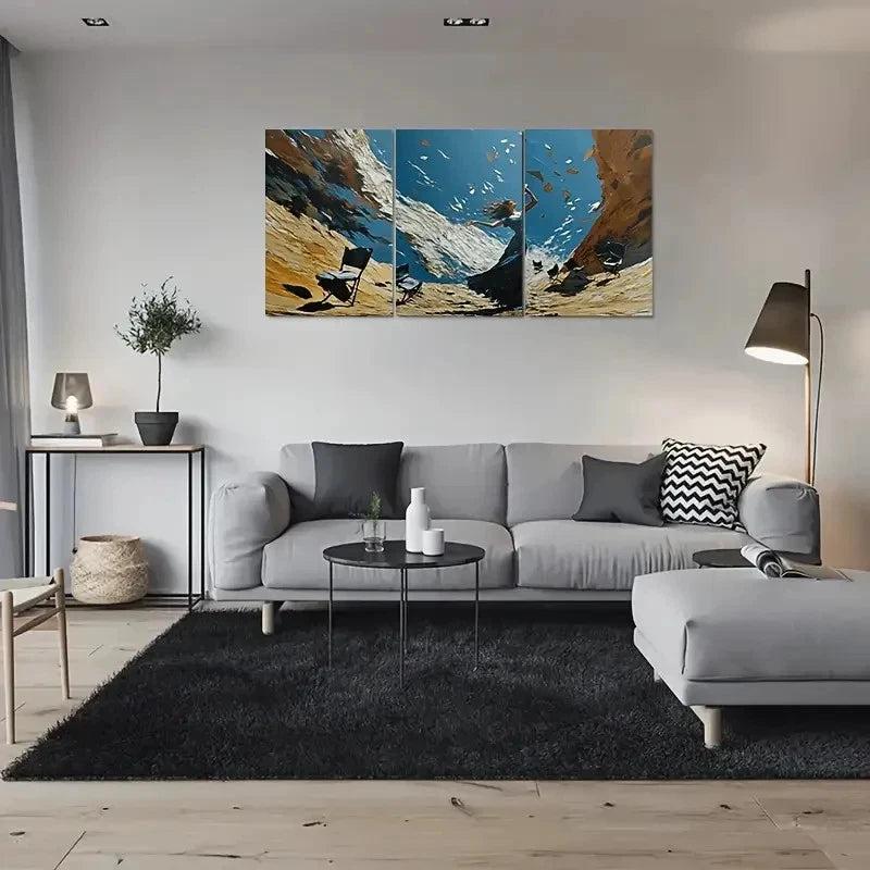 3pcs Modern Girl Blue Sky Mountains Metal Print Ready to Hang Art