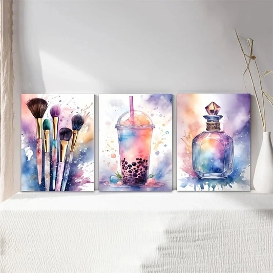 3pcs Watercolor Makeup Brush Milk Tea Perfume Metal Print Ready to Hang Art