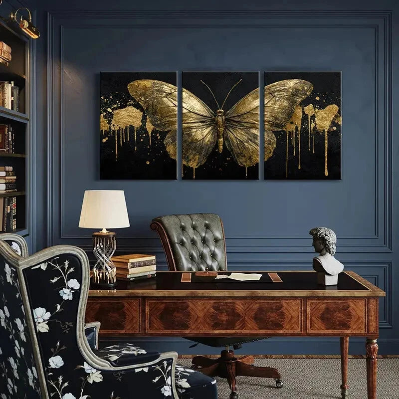 3pcs Elegant Golden Butterfly Modern Abstract Metal Print Ready to Hang Art