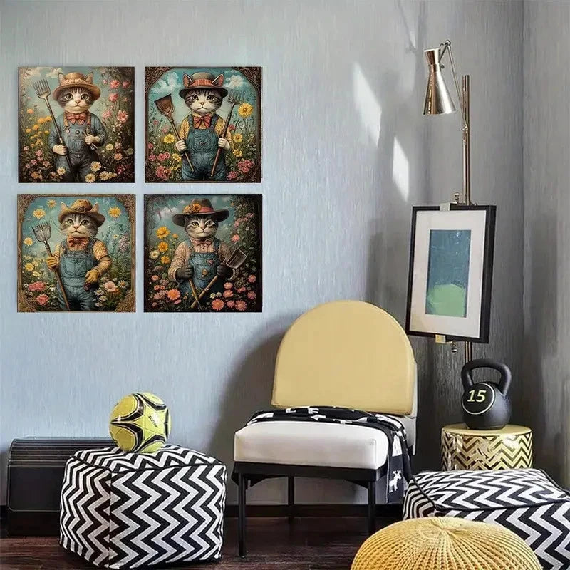 4pcs Vintage Cat GardenerWall Art Canvas Framed