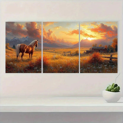 3pcs Vibrant Horse and Cowboy Scene Metal Print Ready to Hang Art