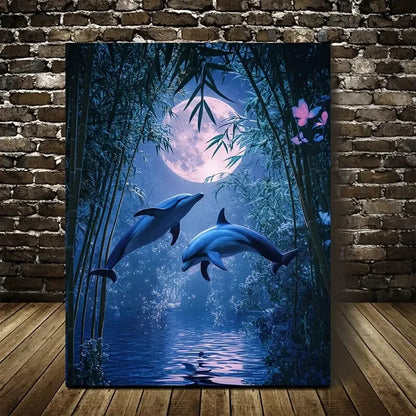 Dolphins Playing in Bamboo Grove Painting 40x60cm Metal Print Ready to Hang