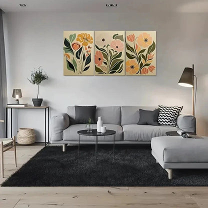 3pcs Neutral Colors Green Leaves & Pink Flowers Wall Art Set Canvas Framed 60x90cm - High Quality Print 100% Australian Made Wall Canvas Ready to Hang