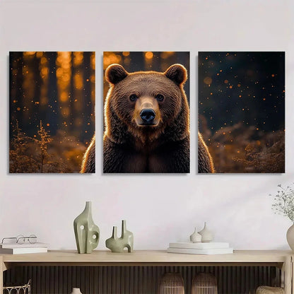 3pcs Rustic Forest Bear Wild Animal Autumnal Metal Print Ready to Hang Art