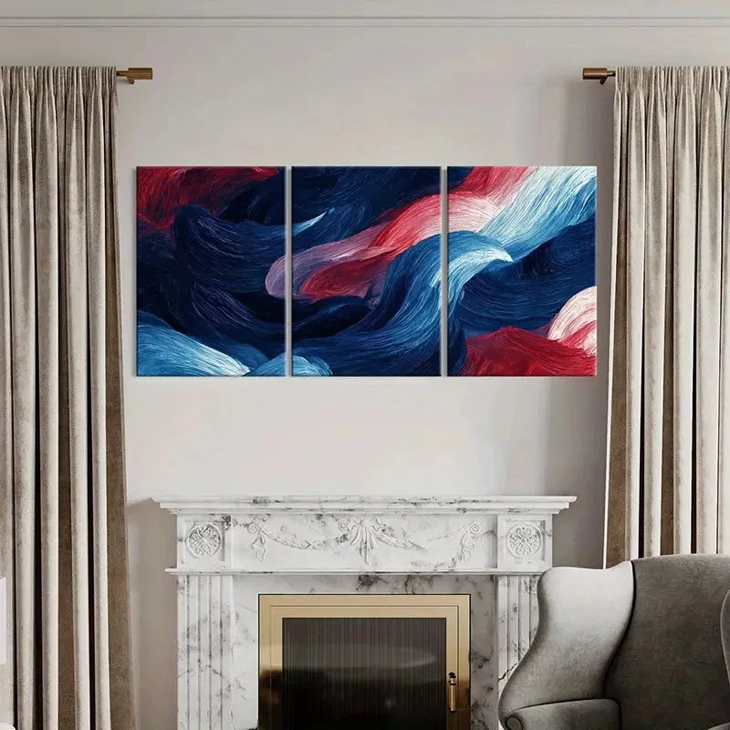 3pcs Abstract Waves Art, Blue Red White Color Wall Art Set Canvas Framed 40x60cm - High Quality Print 100% Australian Made Wall Canvas Ready to Hang