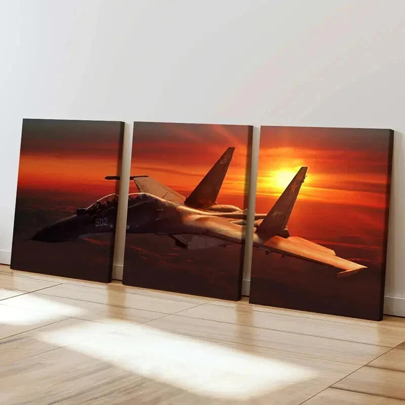 3pcs Fighter Jets & Bombers at Sunset Wall Art Set Canvas Framed 40x60cm - High Quality Print 100% Australian Made Wall Canvas Ready to Hang