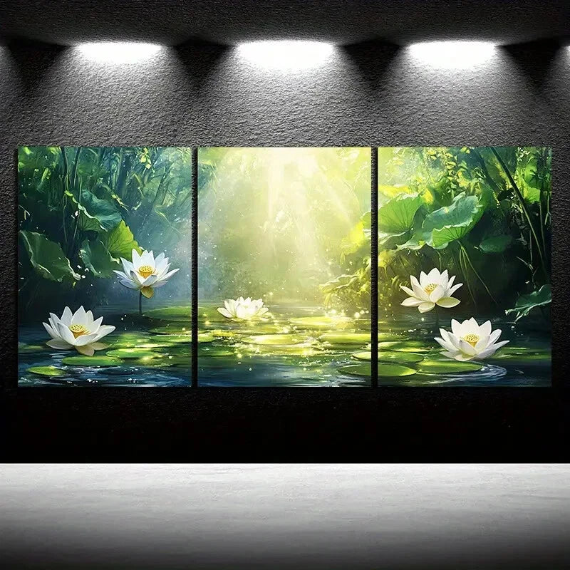 3pcs Lotus And Lotus Leaves in The Water Metal Print Ready to Hang Art