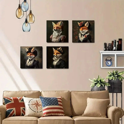 4pcs Modern Art Fox Art Animal Wall Art Canvas Framed