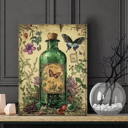Green Glass Bottle with a Herbarium, Herbs And Dried 40x60cm Metal Print Ready to Hang