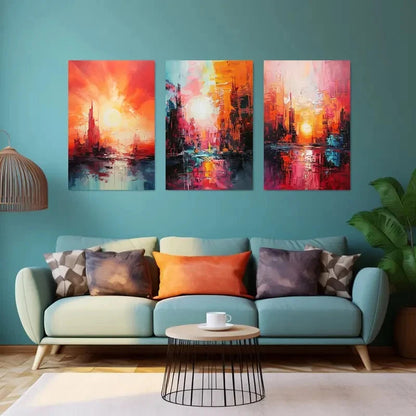 3pcs Abstract Sunset Colorful Cityscape Metal Print Ready to Hang Art