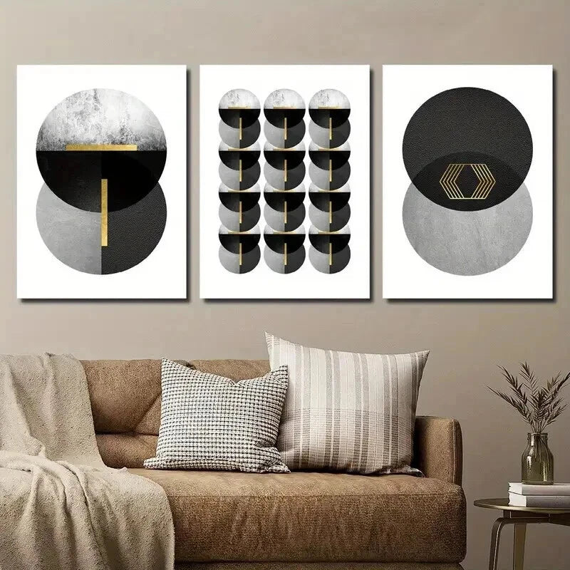 3pcs Black White and Golden Geometric Wall Art Set Canvas Framed 40x60cm - High Quality Print 100% Australian Made Wall Canvas Ready to Hang