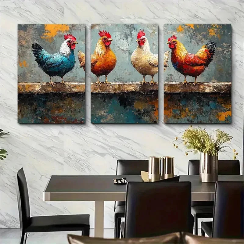 3pcs Vibrant Rooster Colorful Farm Birds Perfect Wall Art Set Canvas Framed 40x60cm - High Quality Print 100% Australian Made Wall Canvas Ready to Hang