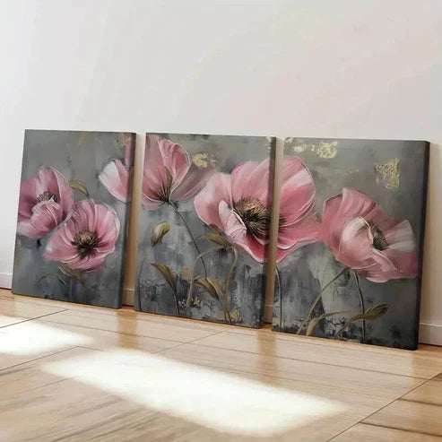 3pcs Abstract Pink Golden Flowers Vintage Wall Art Set Canvas Unframed - High Quality Print 100% Australian Made Wall Canvas