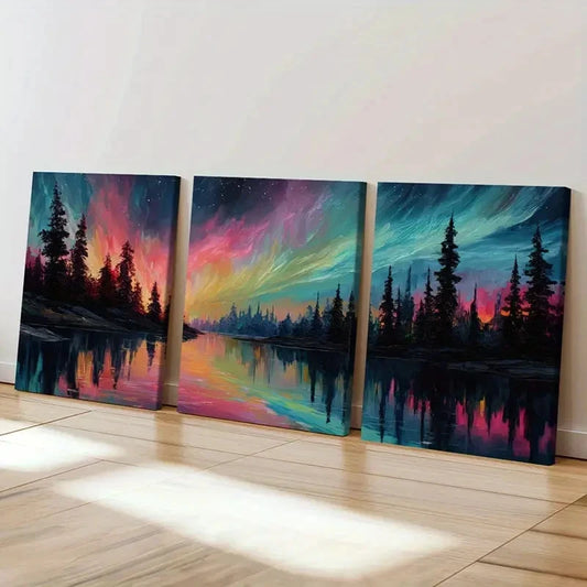 3pcs Abstract Northern Lights Forest Reflection  Wall Art Set Canvas Framed 60x90cm - High Quality Print 100% Australian Made Wall Canvas Ready to Hang