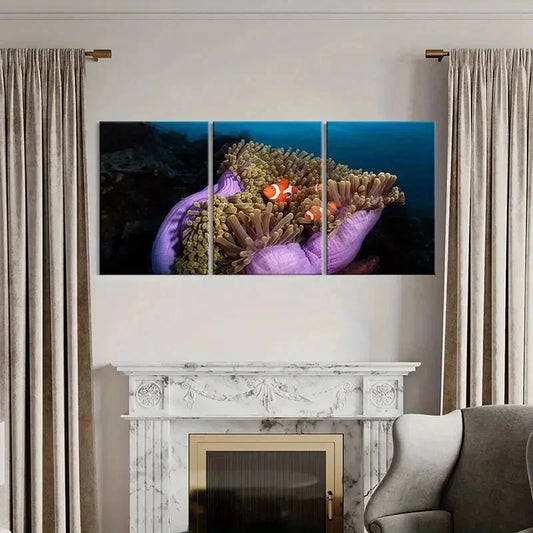 3pcs Vibrant Marine Life Wall Art with Clownfish Wall Art Set Canvas Framed 40x60cm - High Quality Print 100% Australian Made Wall Canvas Ready to Hang