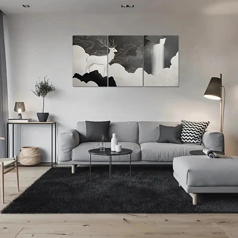 3pcs Deer Clouds and Waterfall Design Metal Print Ready to Hang Art