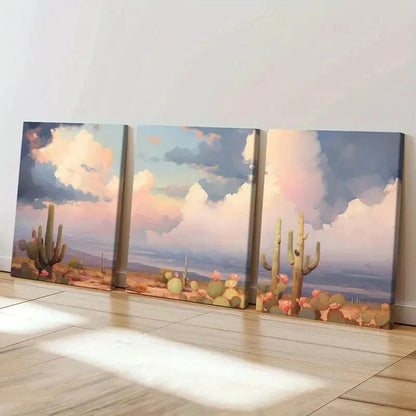 3pcs Desert Landscape Cactus Plants & Cloudy Sky Wall Art Set Canvas Framed 40x60cm - High Quality Print 100% Australian Made Wall Canvas Ready to Hang