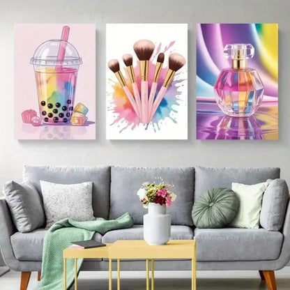 3pcs Bubble Tea, Makeup Brushes, Perfume Wall Art Canvas Unframed - High Quality Print 100% Australian Made Wall Canvas