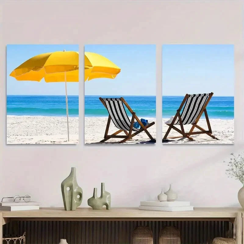 3pcs Vibrant Yellow Umbrella & Lounge Chairs Metal Print Ready to Hang Art