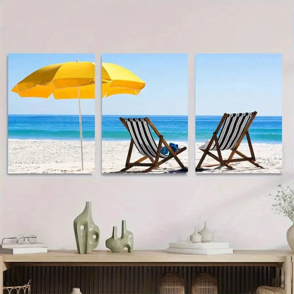 3pcs Vibrant Yellow Umbrella & Lounge Chairs Metal Print Ready to Hang Art