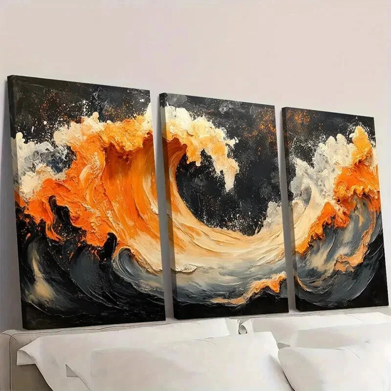 3pcs Black Orange Ceramic Embellishment Wall Art Set Canvas Framed 40x60cm - High Quality Print 100% Australian Made Wall Canvas Ready to Hang
