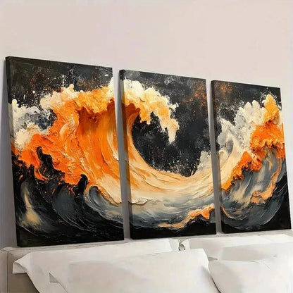 3pcs Black Orange Ceramic Embellishment Wall Art Set Canvas Framed 40x60cm - High Quality Print 100% Australian Made Wall Canvas Ready to Hang