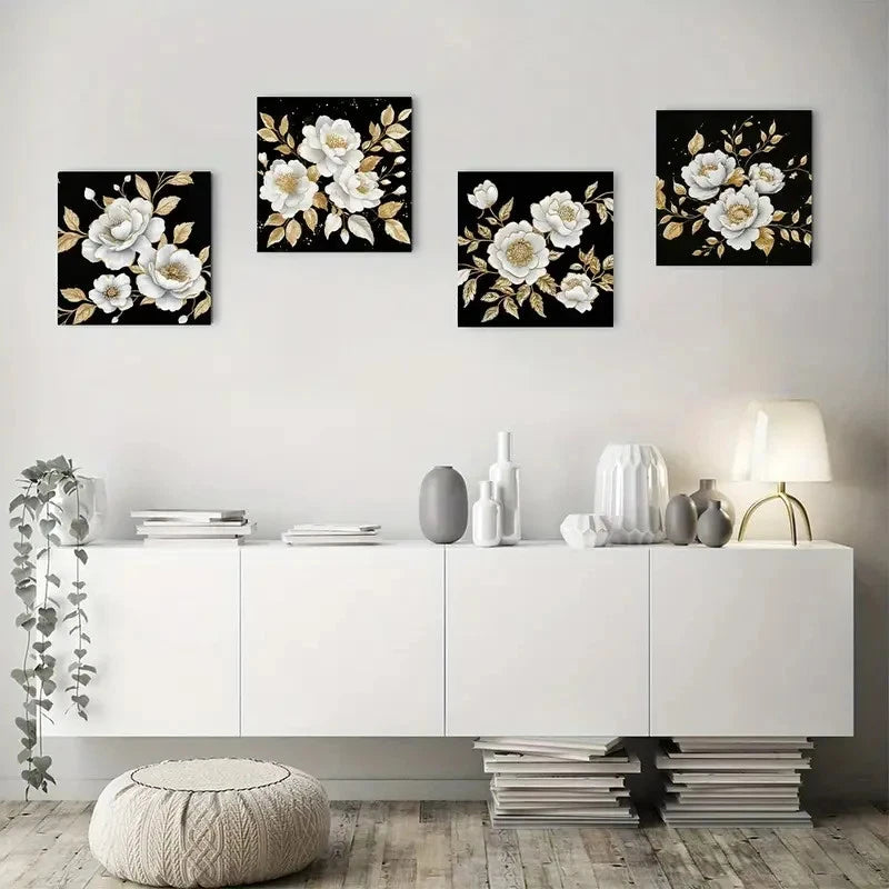 4pcswhite and Golden flowerWall Art Canvas Framed