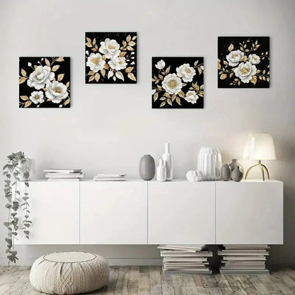 4pcswhite and Golden flowerWall Art Canvas Framed