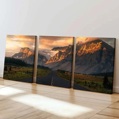 3pcs Scenery Mountains Sunset Road & Trees Wall Art Set Canvas Framed 40x60cm - High Quality Print 100% Australian Made Wall Canvas Ready to Hang