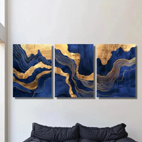 3pcs Abstract Wavy Blue Marble and Golden Gilt Wall Art Set Canvas Unframed - High Quality Print 100% Australian Made Wall Canvas