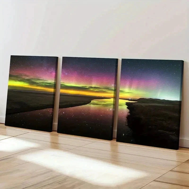 3pcs Natural Landscape Aurora Starry Sky Lake Wall Art Set Canvas Framed 40x60cm - High Quality Print 100% Australian Made Wall Canvas Ready to Hang