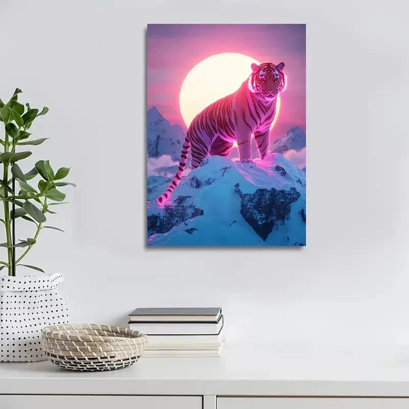 Scene of Tiger Dance Under The Sun Painting 40x60cm Metal Print Ready to Hang