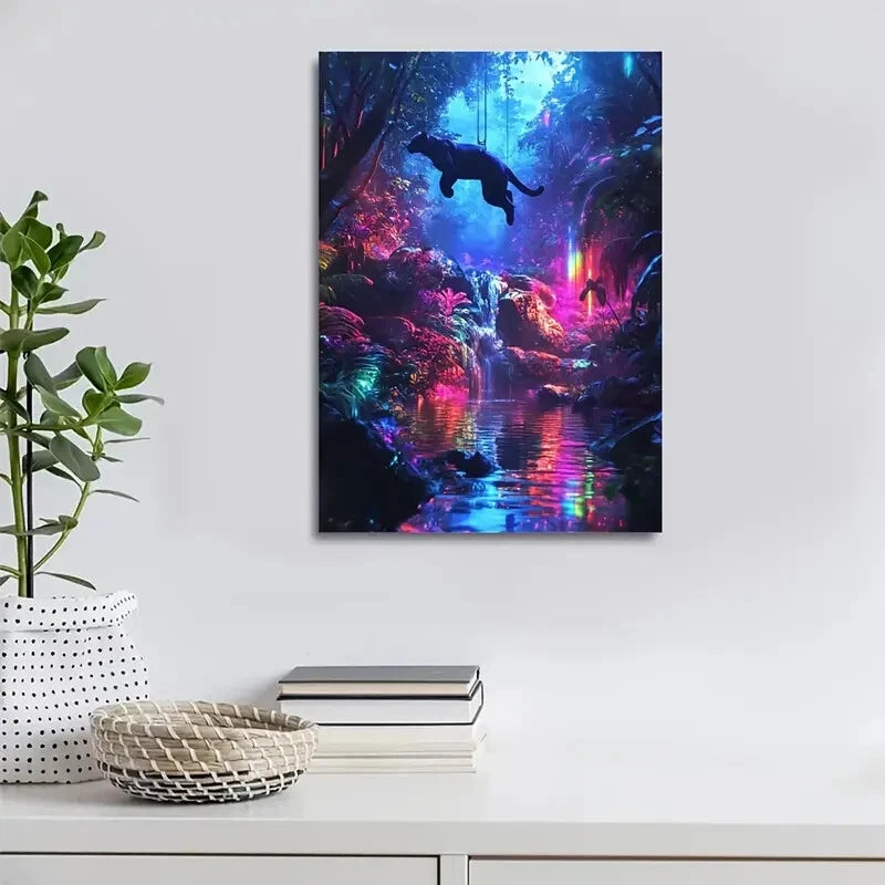 Cyberpunk Panther Jungle Painting 40x60cm Metal Print Ready to Hang