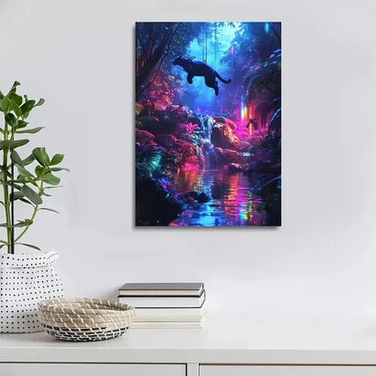 Cyberpunk Panther Jungle Painting 40x60cm Metal Print Ready to Hang