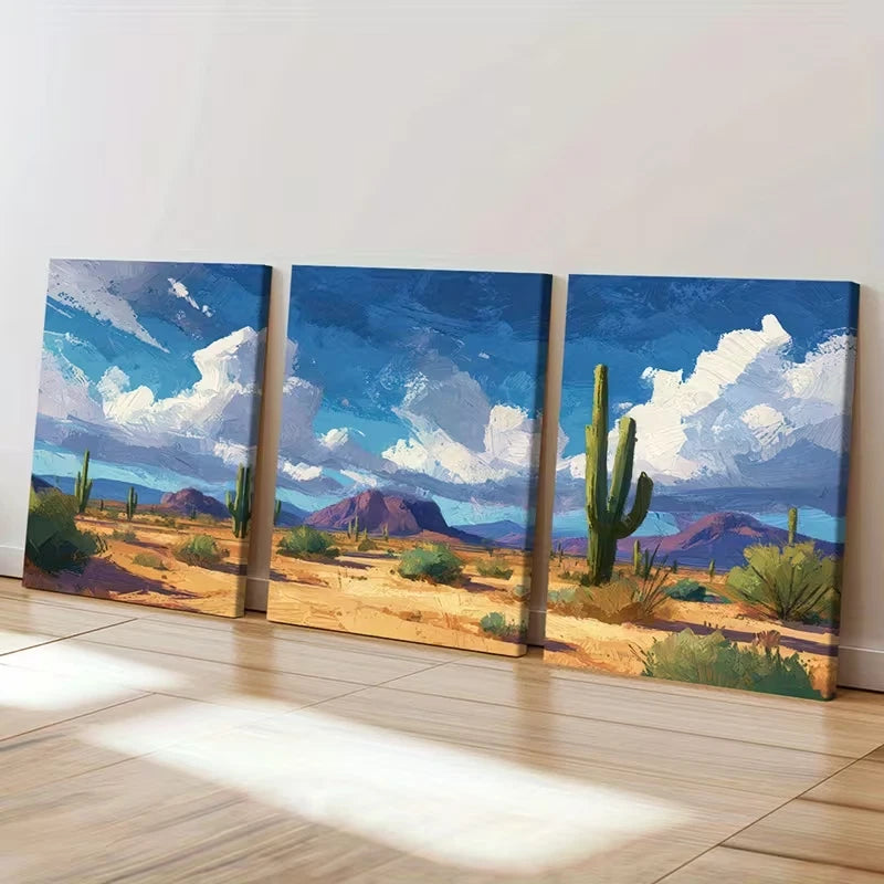 3pcs Vibrant Cactus & Australian Mountain Wall Art Set Canvas Framed 60x90cm - High Quality Print 100% Australian Made Wall Canvas Ready to Hang