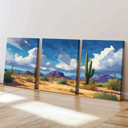3pcs Vibrant Cactus & Australian Mountain Wall Art Set Canvas Framed 60x90cm - High Quality Print 100% Australian Made Wall Canvas Ready to Hang