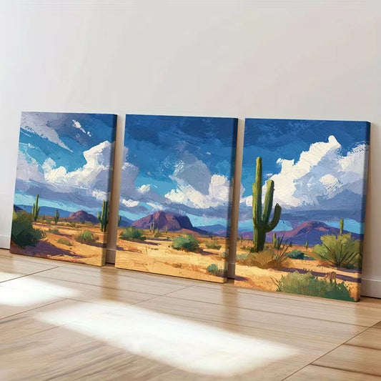 3pcs Vibrant Cactus & Australian Mountain Wall Art Set Canvas Framed 60x90cm - High Quality Print 100% Australian Made Wall Canvas Ready to Hang