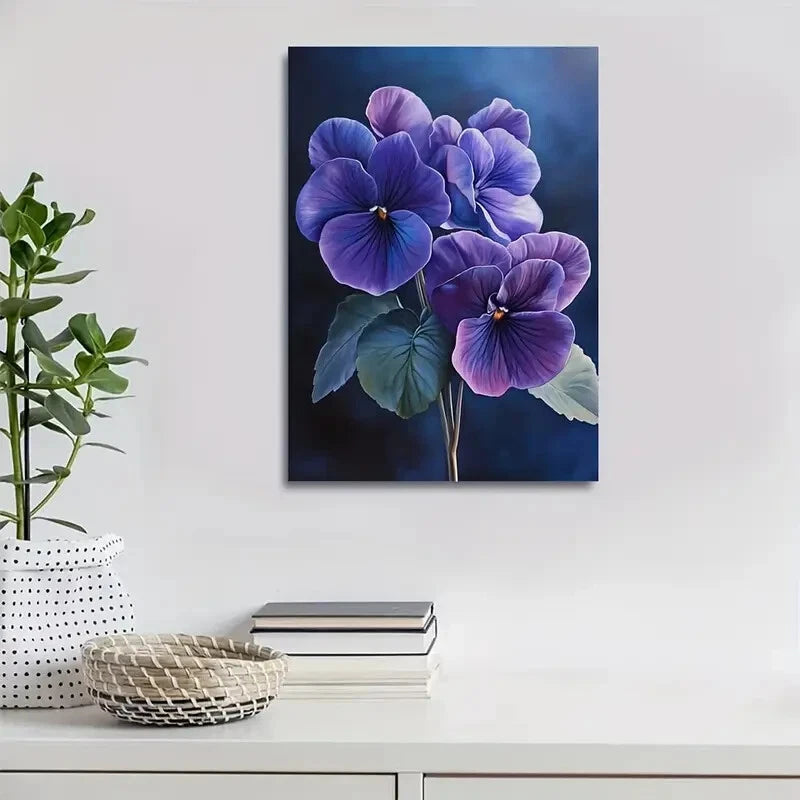 Vibrant Purple and Blue Flowers with Green Painting  40x60cm Metal Print Ready to Hang
