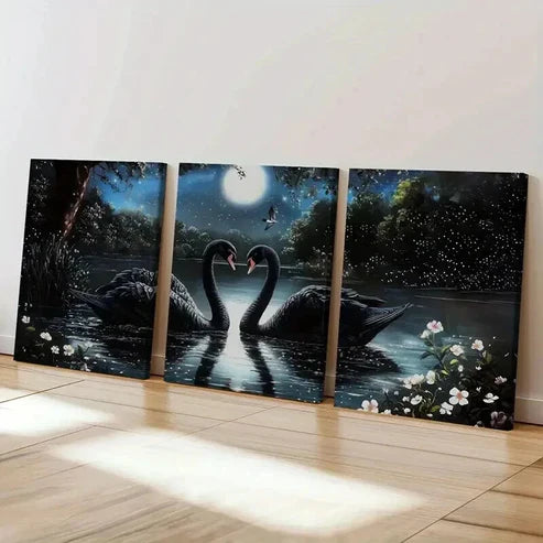 3pcs Black Swan Moonlit Night Serene Lake Wall Art Set Canvas Unframed - High Quality Print 100% Australian Made Wall Canvas