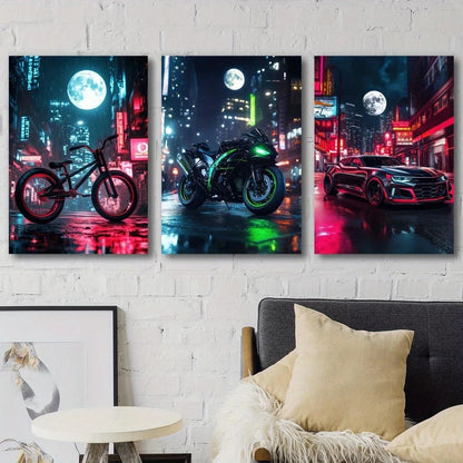3pcs Cityscape Bicycle Motorcycle Sports Car Metal Print Ready to Hang Art