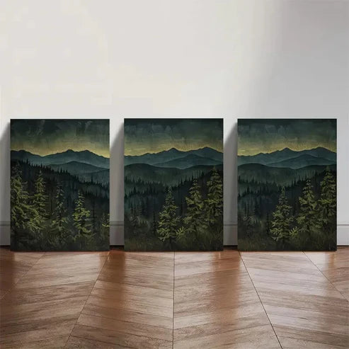 3pcs Dark Forest Mountain Range Triptych Wall Art Set Canvas Unframed - High Quality Print 100% Australian Made Wall Canvas