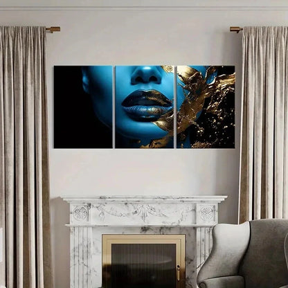 3pcs Golden Lips Abstract Blue Face Wall Art Set Canvas Framed 50x70cm - High Quality Print 100% Australian Made Wall Canvas Ready to Hang
