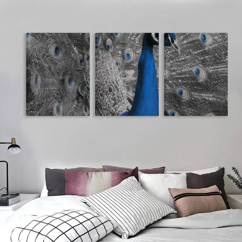 3pcs Blue peacock with its feathers spread out  Wall Art Set Canvas Framed 60x90cm - High Quality Print 100% Australian Made Wall Canvas Ready to Hang