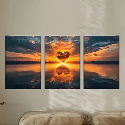 3pcs Heart-Shaped Sunset Reflection Wall Art Set Canvas Unframed - High Quality Print 100% Australian Made Wall Canvas