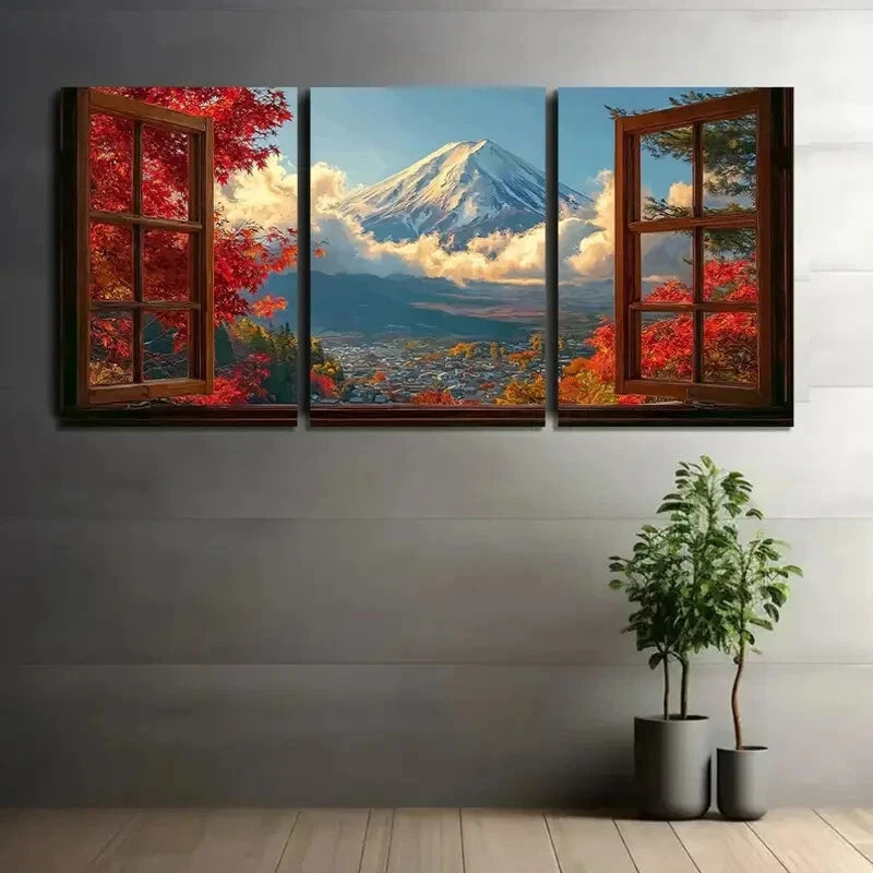 3pcs Autumn Leaves Open Window Metal Print Ready to Hang Art