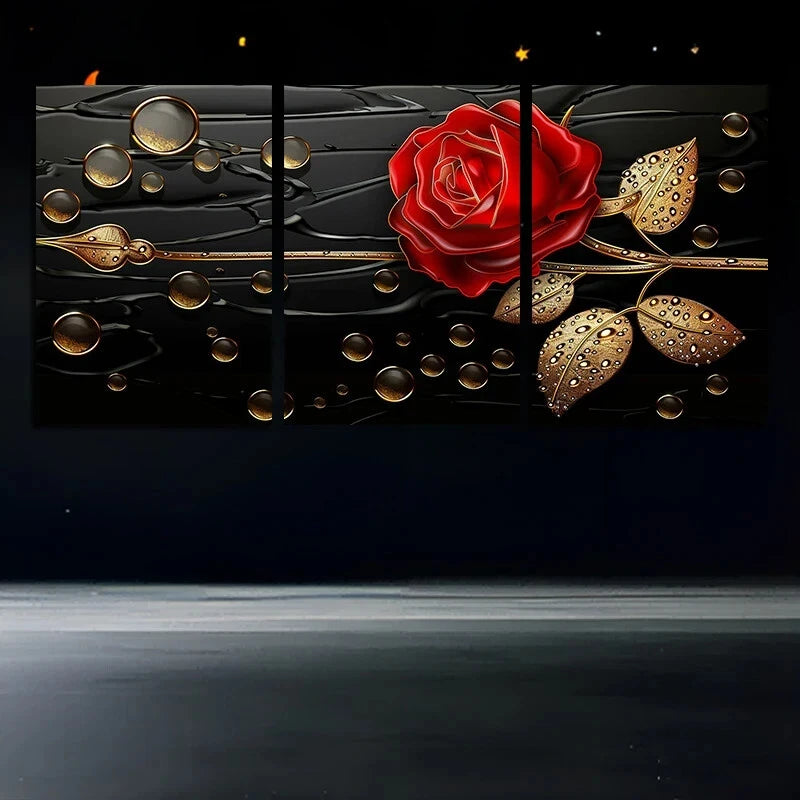 3pcs Roses Golden Leaves Drops Metal Print Ready to Hang Art