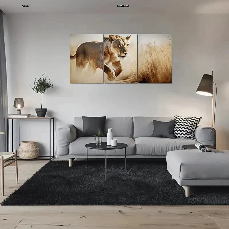 3pcs Wildlife Lioness in Motion Wall Art Set Canvas Framed 40x60cm - High Quality Print 100% Australian Made Wall Canvas Ready to Hang